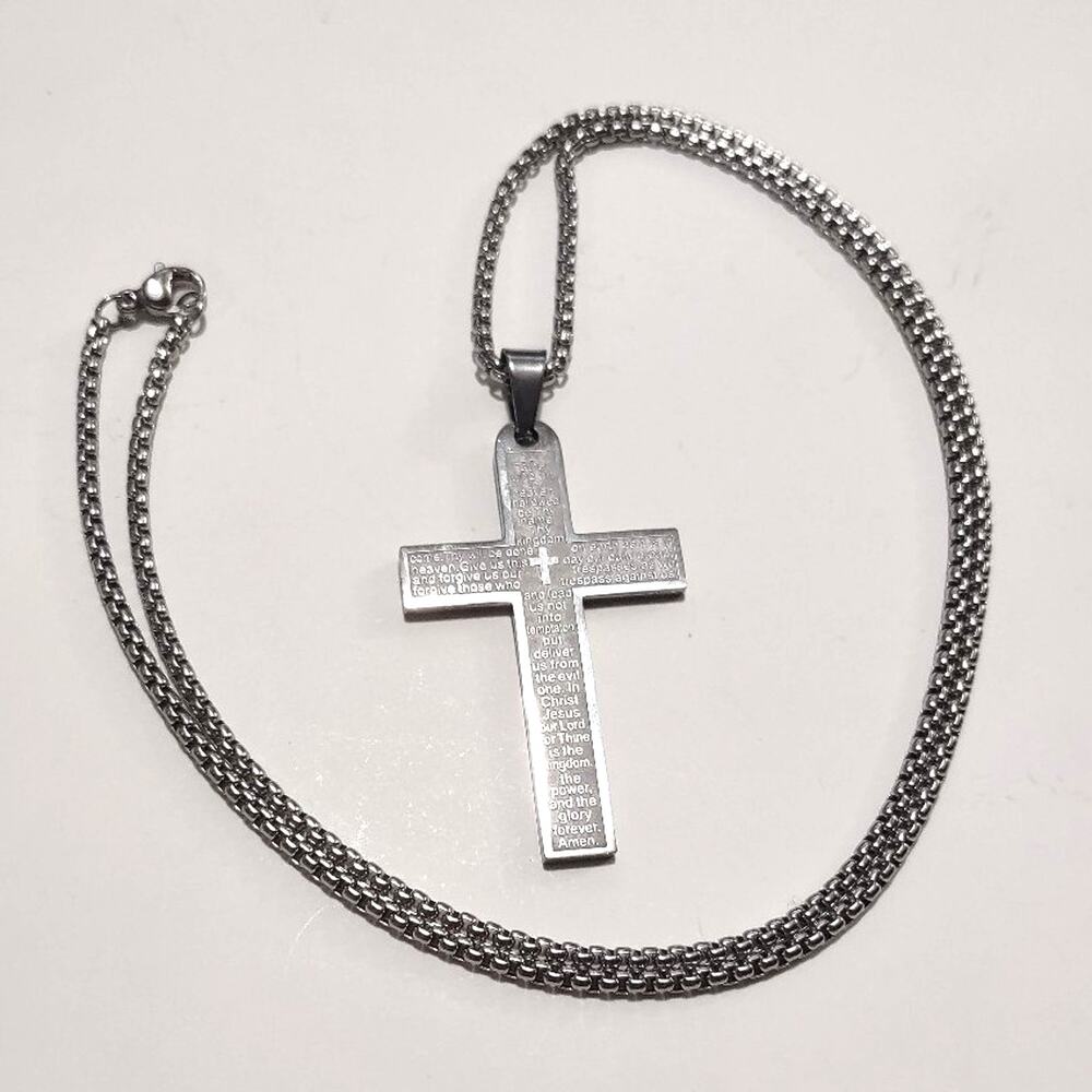 Silver Cross Necklace Lords Prayer Jesus Christianity Christmas Birthday Gift!